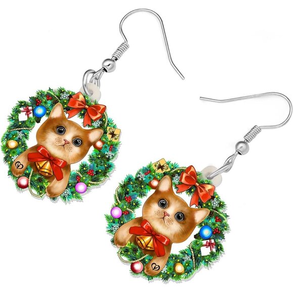 ⚡Christmas Cat Earrings for Women Cute Holiday Wreath Dangle Drop Jewelry Gift - Picture 4 of 6